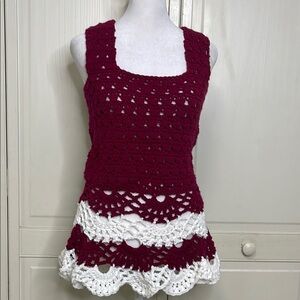 Handmade Burgundy and White Crochet Women's Tunic Top Gipsy Indie Boho